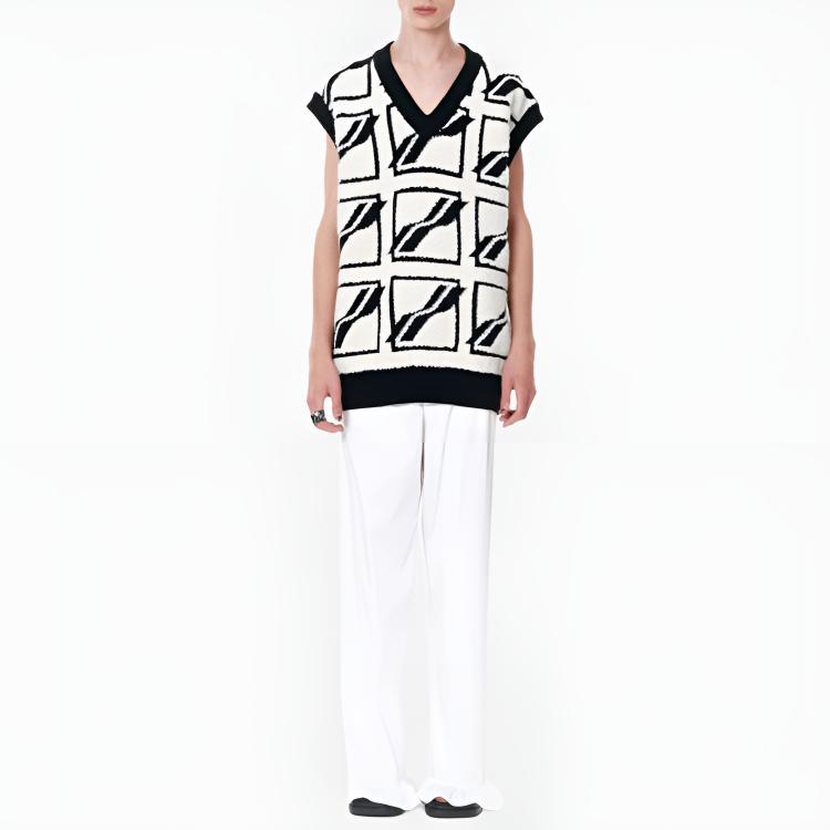 We11done Ss22 Logo Geometric Pattern Full Knit V-Neck Vest Unisex vests White WD-KV1-22-652-U-IV