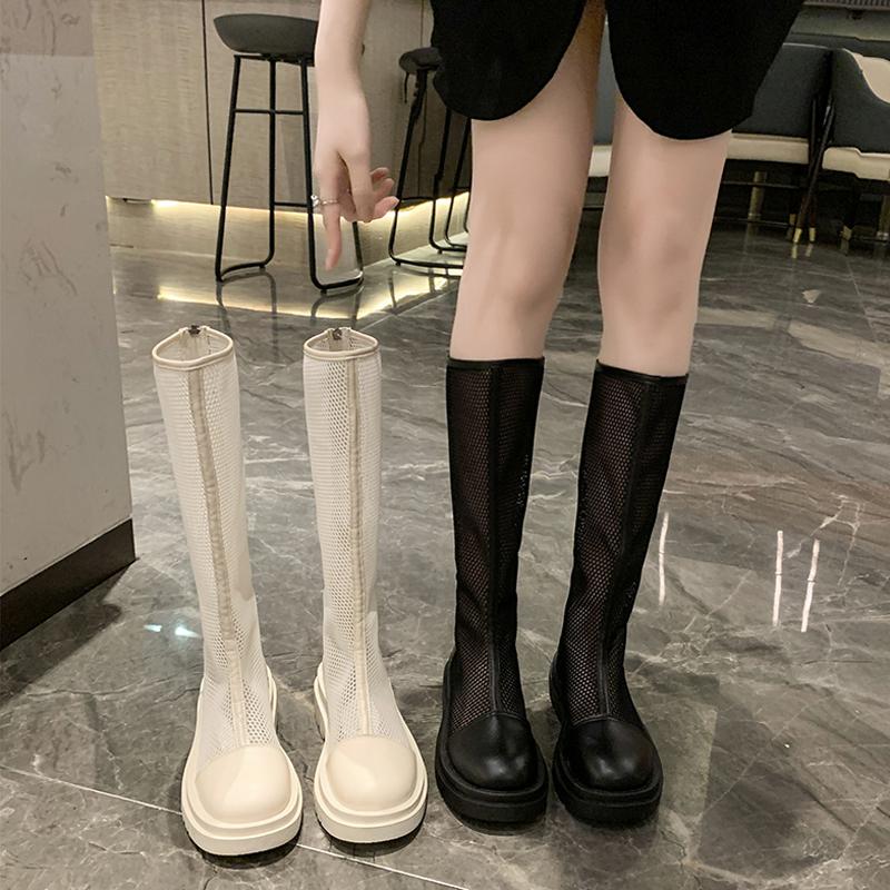Breathable Knit Line Women's Mesh Boots Middle Follow Round Head Summer Knee High Boots Sandal Boots Fashion Sandalias De Mujer