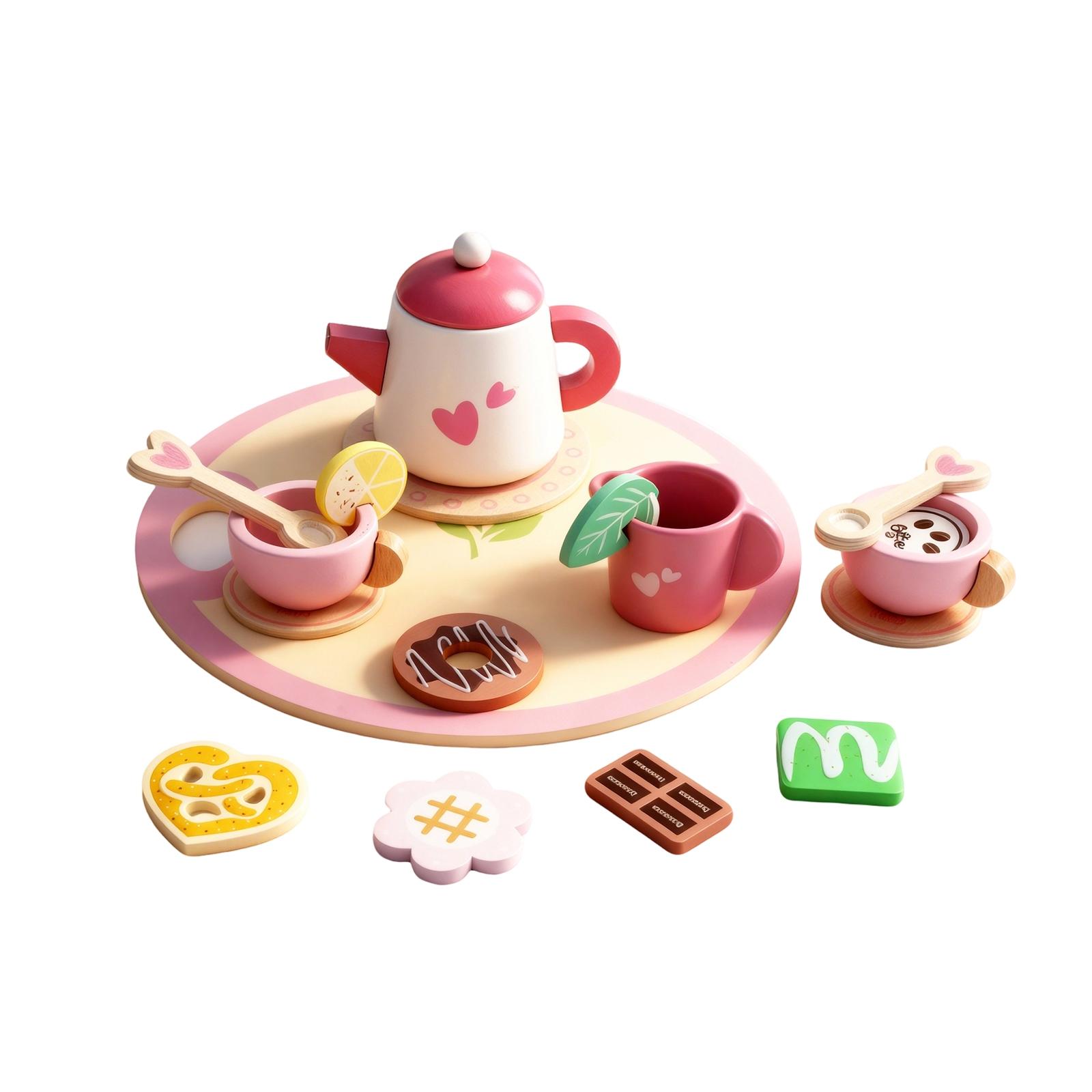 

Wooden Afternoon Tea Toy Set Includes Teapot Cups Spoons Milk Jug Tray and Assorted Cookies Pretend Play Educational Toy for Kids One Size рожевий