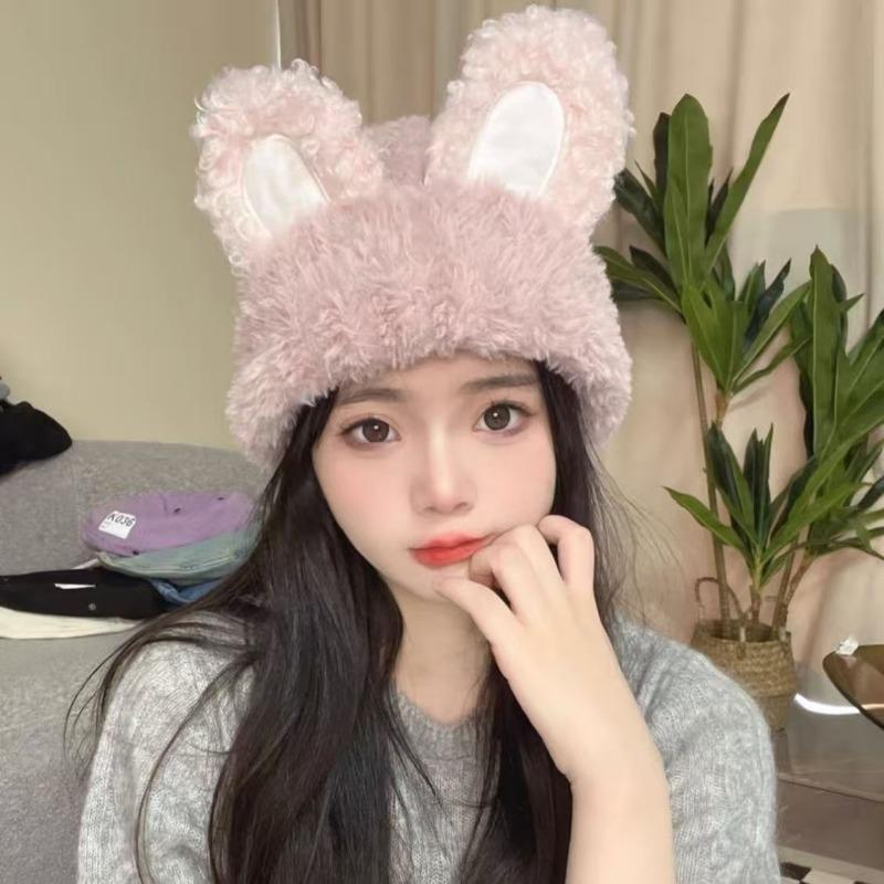 Plush Rabbit Hat Sweet and Cute Knitted Wool Hat Women's Autumn and Winter Warm Plush Hat Bag Head