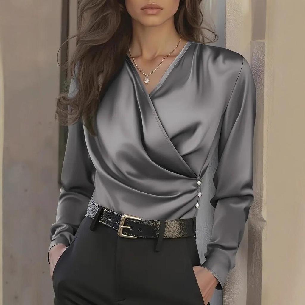 2026 European Autumn Women's Satin V-Neck Slim-Fit Top - Versatile & Stylish