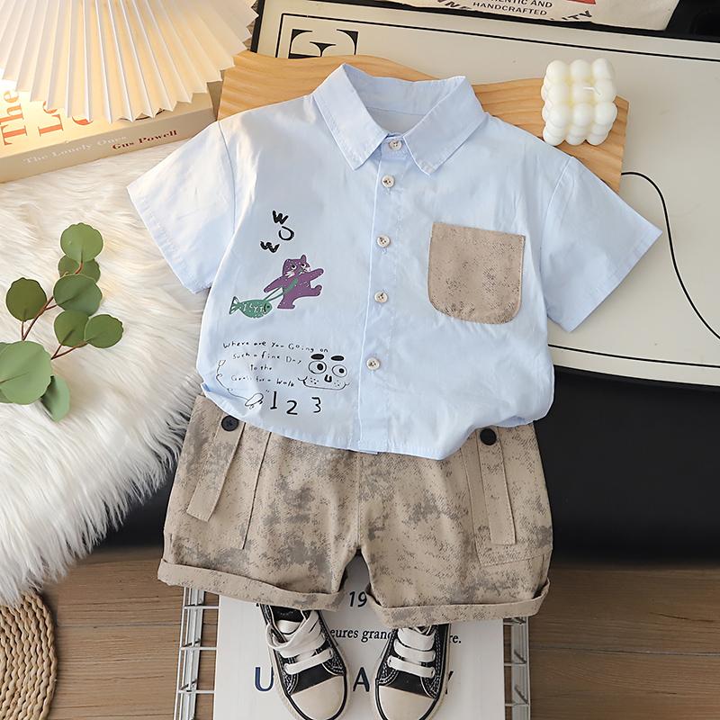 Boys' short sleeved two-piece set with cartoon printed shirt and casual shorts High-quality clothes for Boys