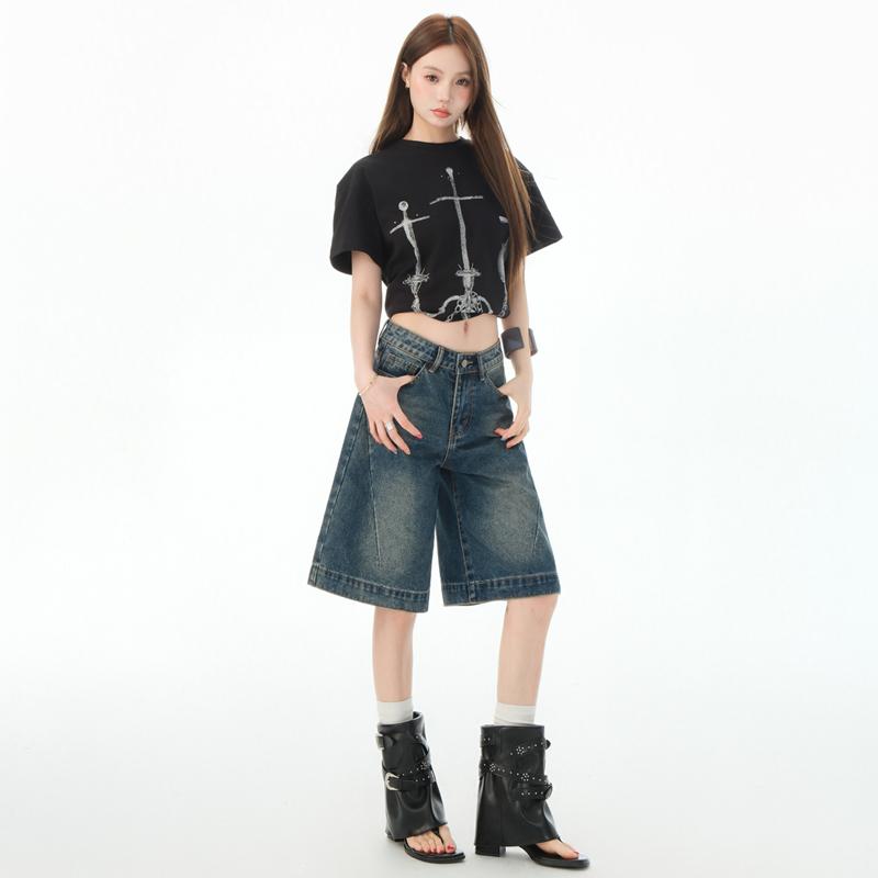 Retro Spicy Woman Cropped Denim Shorts Women'S Summer Low Waisted Loose Design Straight Five-Point Pants