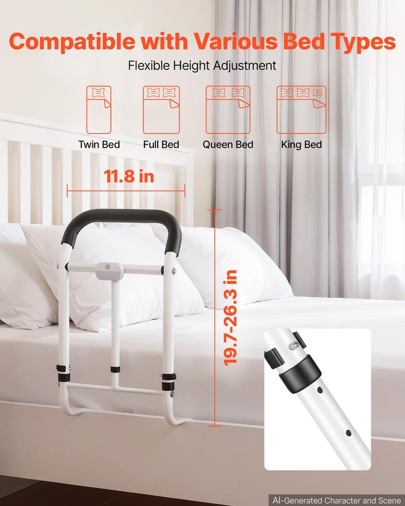 VEVOR Bed Rails for Elderly Adults 90.7kg Loading Bed Side Assist Rail, with Motion Sensor LED Light, Adjustable Height & Length, Non-Slip Handle
