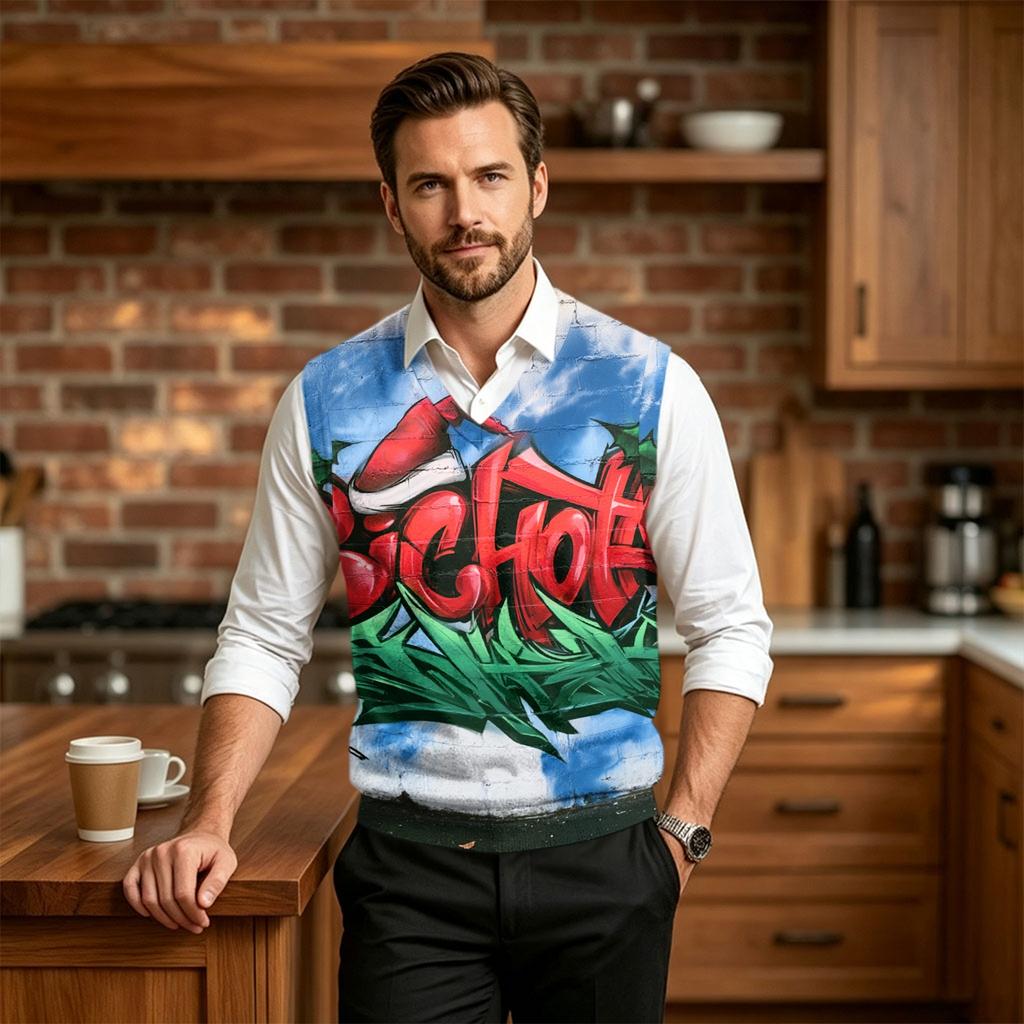 Herre Afslappet Juleprint Strikket Vest, V-hals Ærmeløs Uld Pullover til Pendling