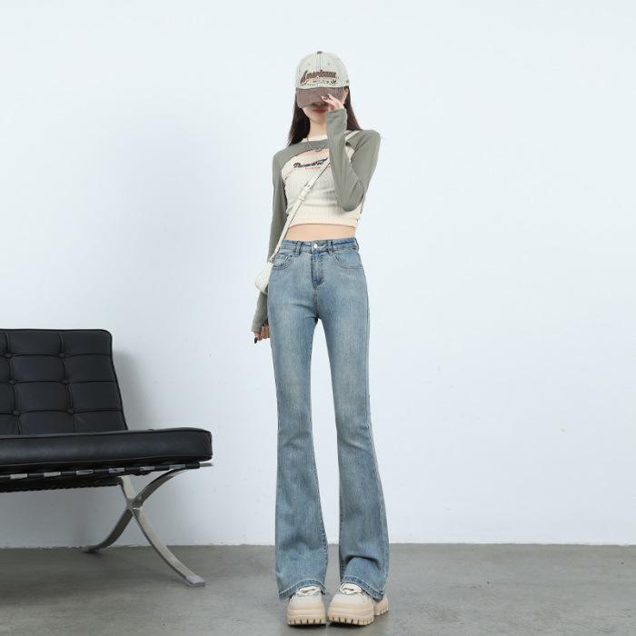 Women's Dark Color Elastic Micro Flare Jeans - Autumn Winter Plus Size, Velvet Lined, Slimming for Pear Shape, Bell Bottom Pants