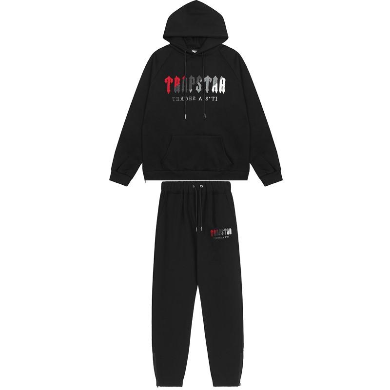 European and American Trendy Brand Red and Gray Towel Embroidered Velvet Male Couple High Street Casual Sweater Trousers Set