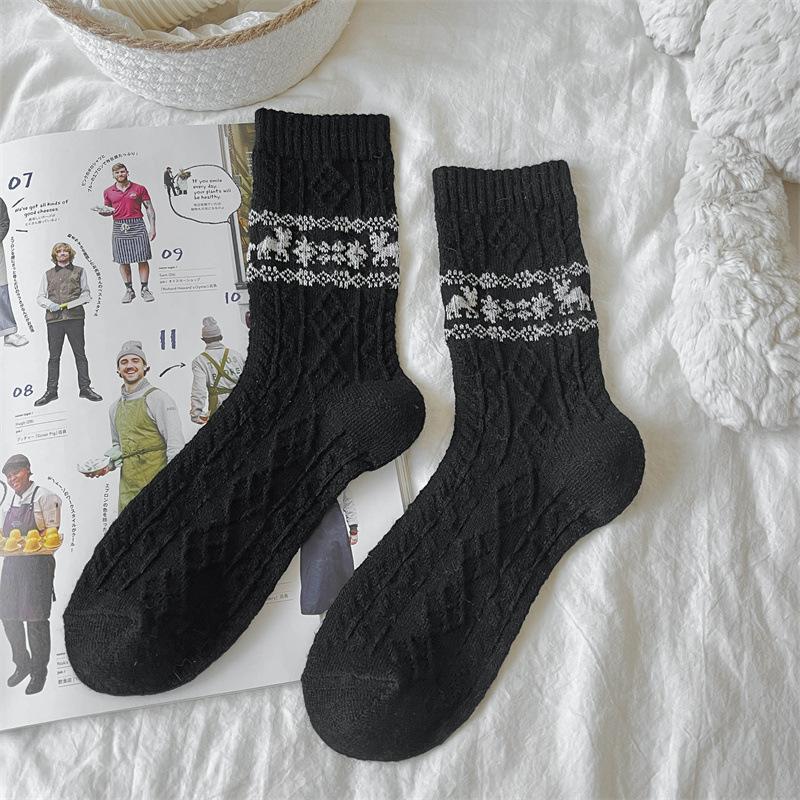Wool Socks for Women, Mid-calf Socks for Autumn and Winter, Thickened Cashmere for Warmth, Christmas Snowflake Reindeer Long Calf Socks
