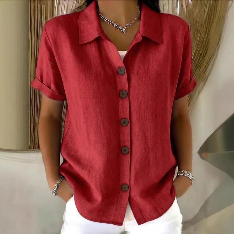 Casual Comfortable Cotton Linen Short Sleeve Button Shirt For Women