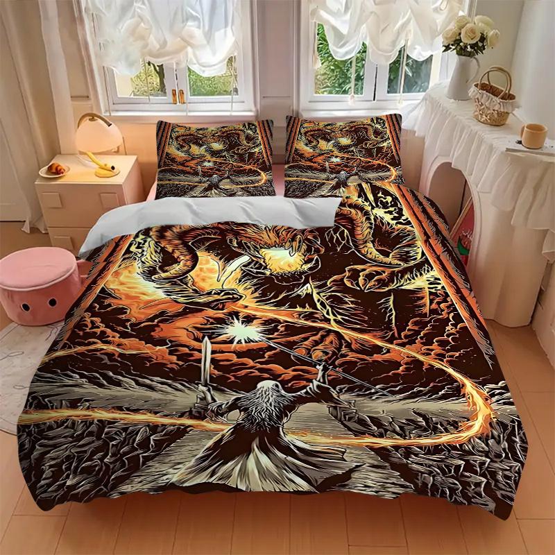 3pcs Dragon Vs Wizard Comforter Set with One Quilt Cover and Two Pillowcases (No Core) - Anime Cartoon Design, Polyester Fabric, Perfect for Bedroom a