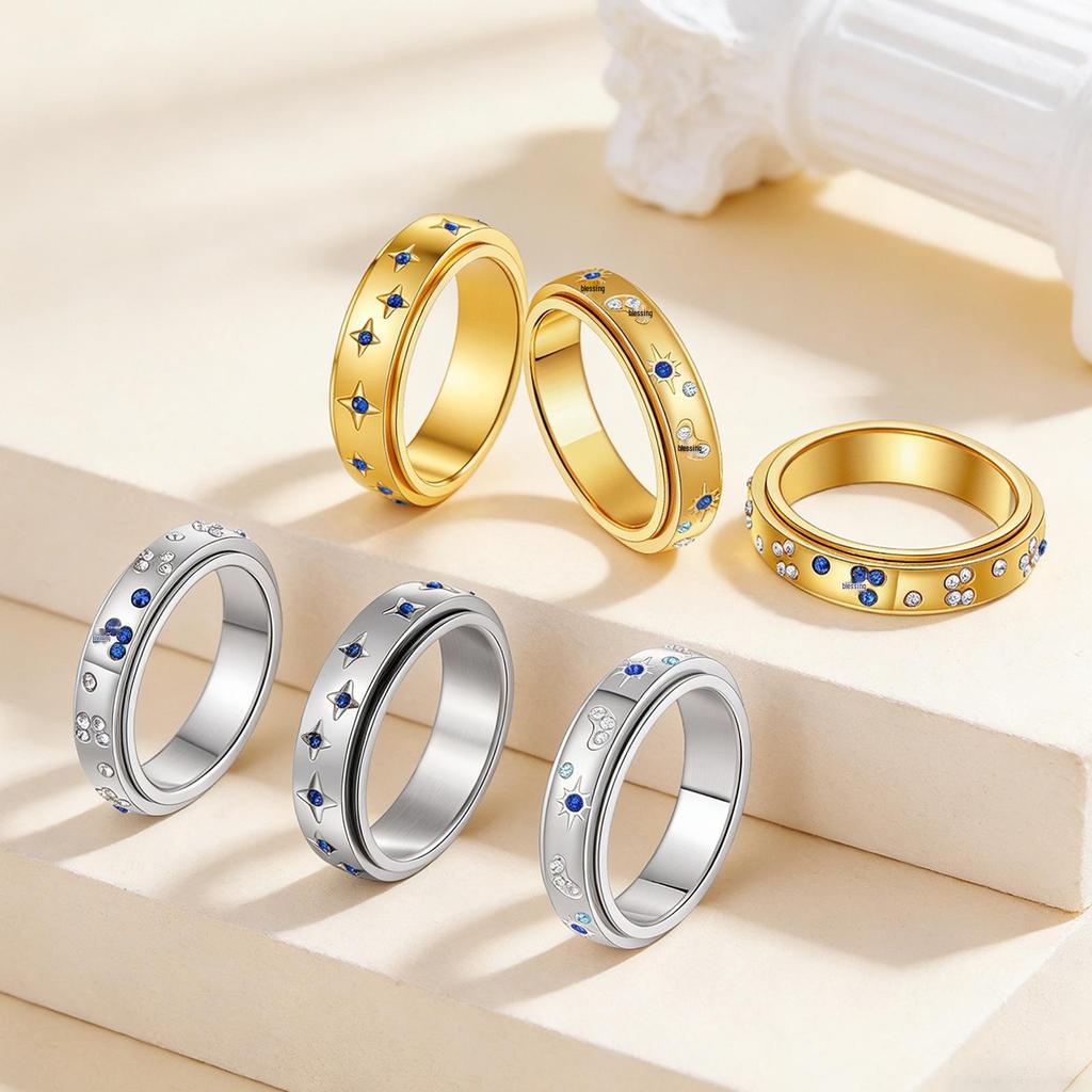 Europäisches und Amerikanisches Stern Sonne Schmetterling Strass Edelstahl Damen Ring Set
