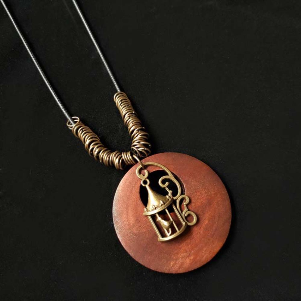 

Round Sweater Chain Wooden Collar Decoration Female Jewelry Vintage Leather Lanyard Women Girls Birdcage A