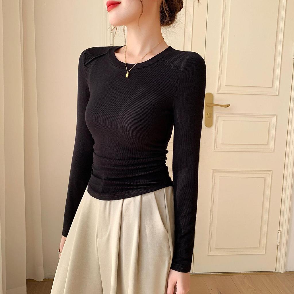 Ribbed Waist-Cinch Slim-Fit Round Neck Long-Sleeve Top for Women - Autumn/Winter Collection