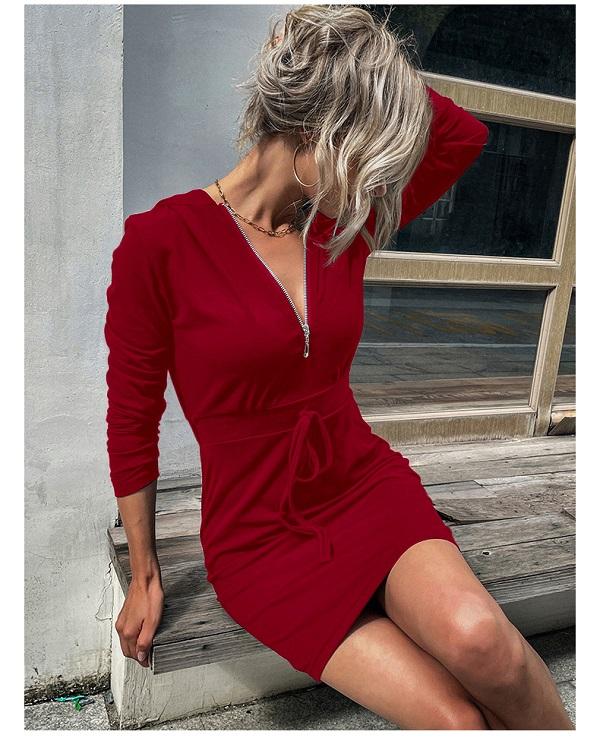 

Женское модное осенне-зимнее платье-свитер с капюшоном, повседневное однотонное платье с v-образным вырезом, тонкая мини-облегающая юбка, женское платье-карандаш S вино красного