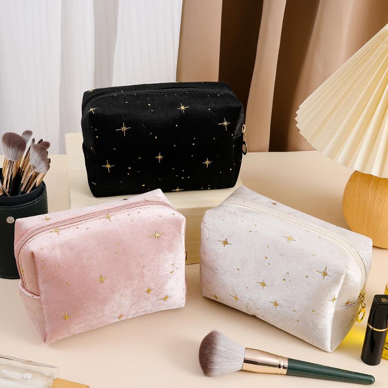 Cosmetic Pouch Spacious Velvet Cosmetic Bag Travel Toiletry Organizer With Star Pattern Portable Makeup Case For Lipstick