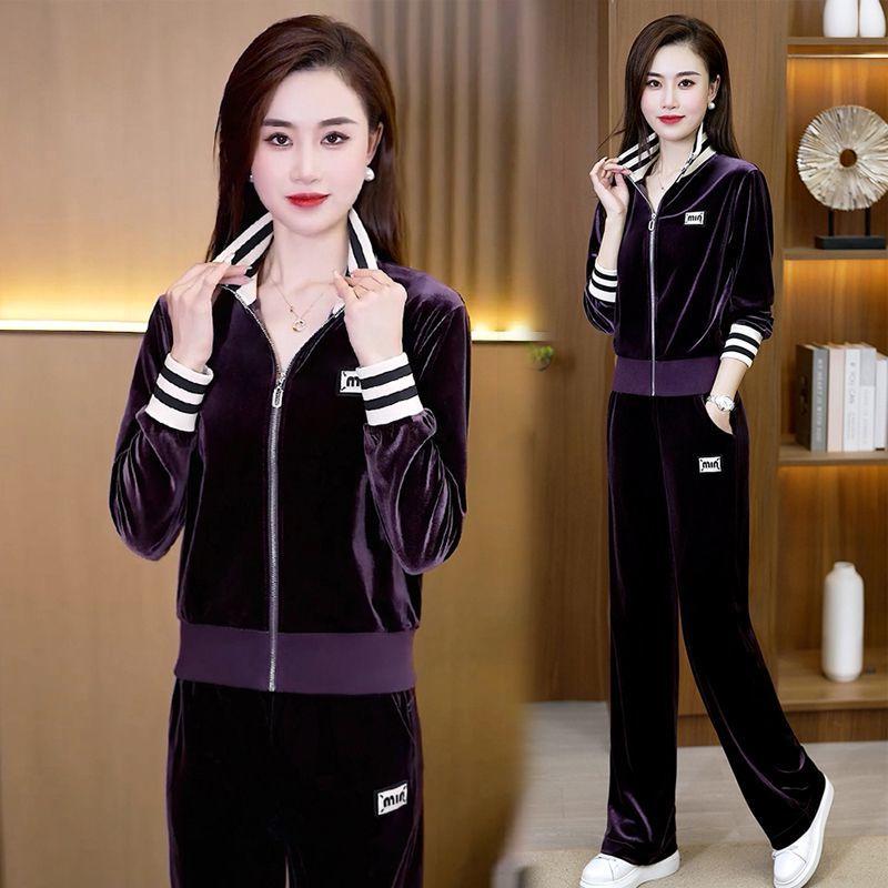 2024 Winter Gold Velvet Slim Fit Casual Two-Piece Suit with Zipper