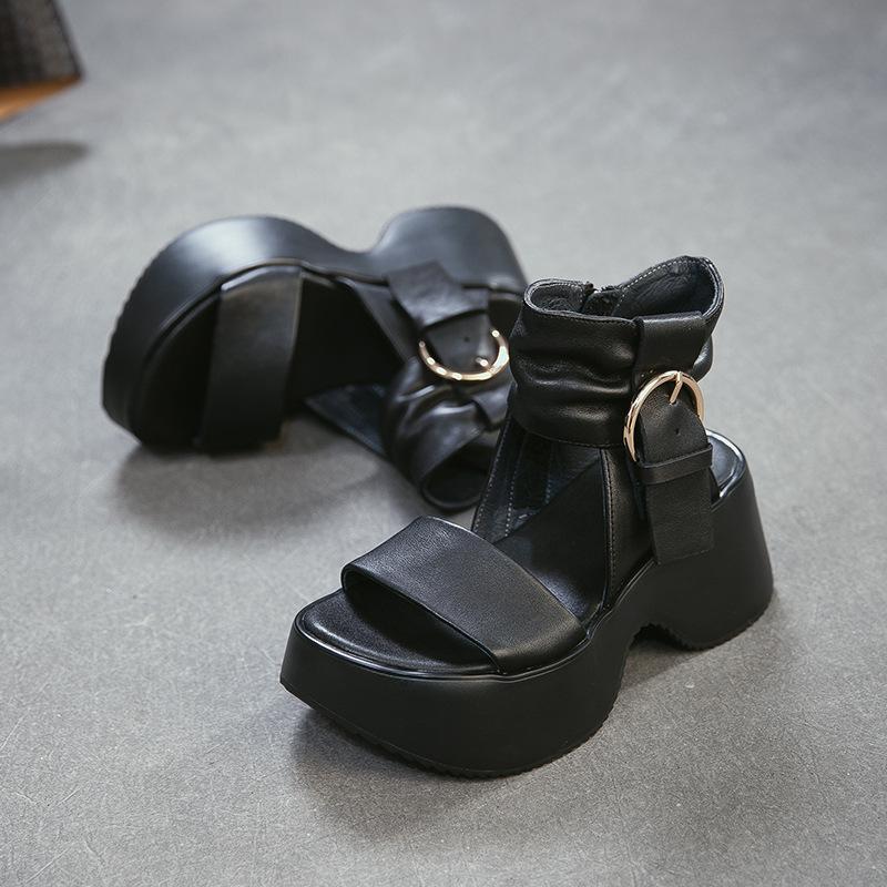 Johnature Thick Soled Sandals Genuine Leather Side Zipper Height Increasing Women's Platform Shoes