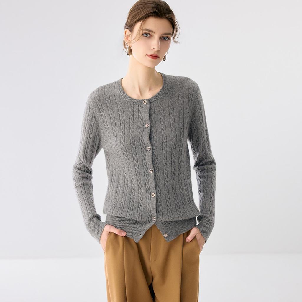 Lekasha Cashmere 12-Gauge Cable Knit Round Neck Cardigan Sweater Coat