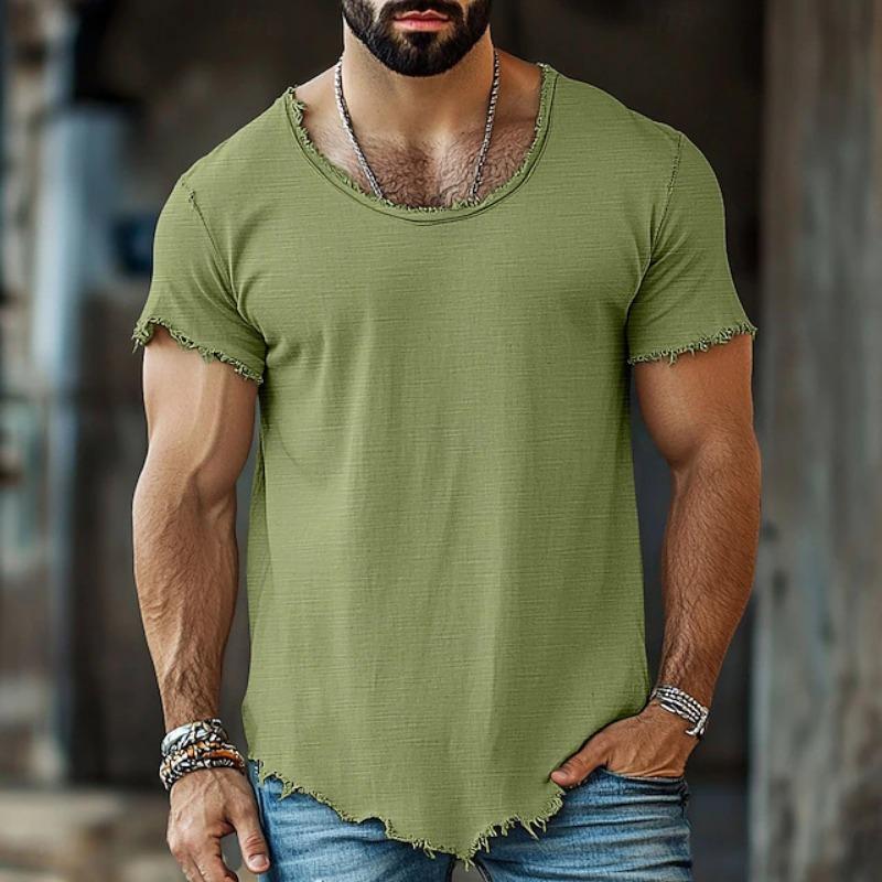 Mens Solid Color Frayed Hem Slim Fit Short Sleeve T Shirt