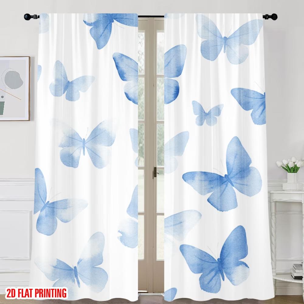 2PCS Digital Printed Curtains, Blue Print Butterfly Vintage Insect Pattern, Window Drapes for Living Room Bedroom Home Decor