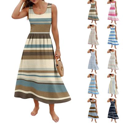 Ladies' Striped Summer Casual and Fashionable Sleeveless Long Dress