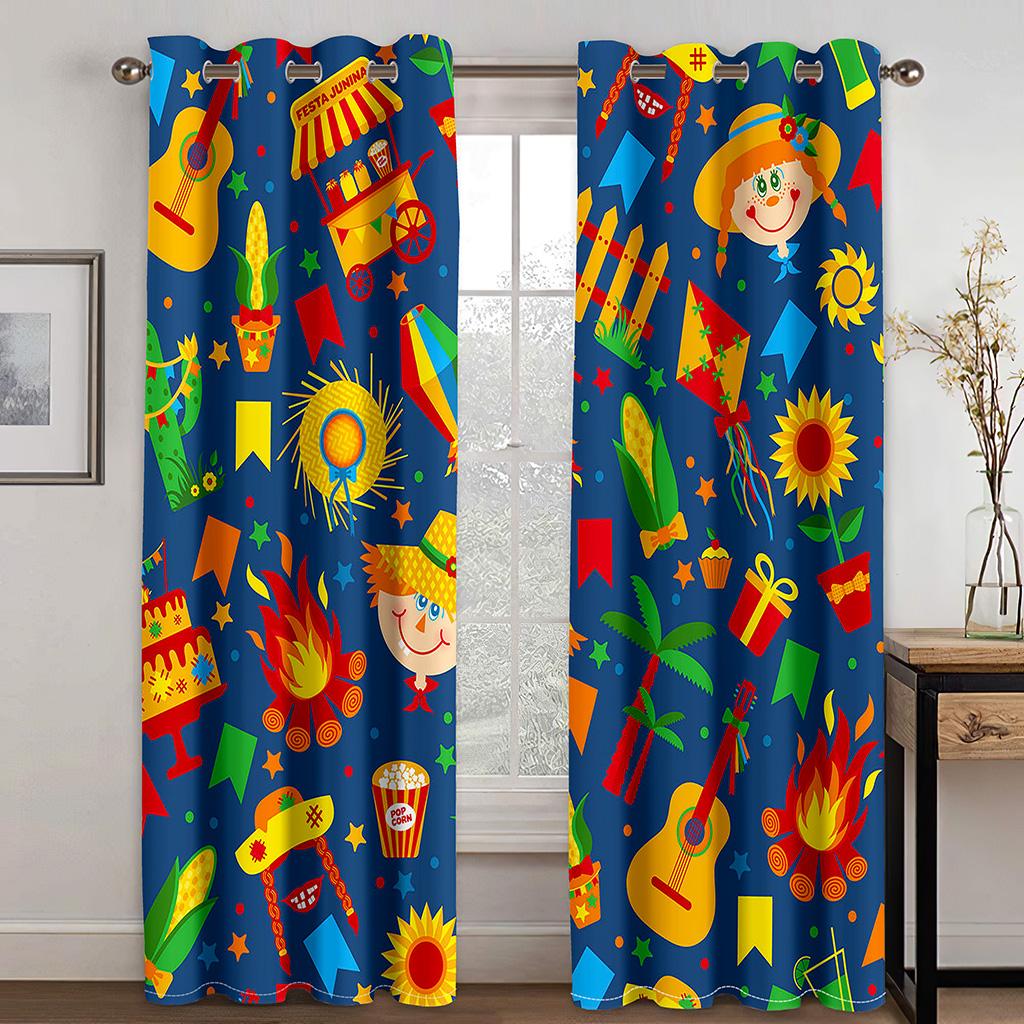 Animated Festa Junina village festival Luxurious Window Panel Drapes in Kids Bedroom Living Room Hall Treatments Kitchen Drapes Blinds
