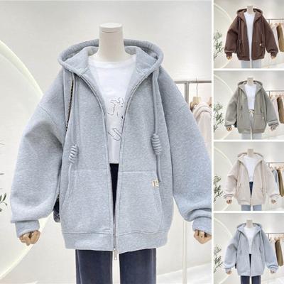 Damen-Kapuzenjacke, warm, dick, große Tasche, einfarbig, Reißverschluss, lange Ärmel, lockerer, übergroßer Damen-Freizeitmantel