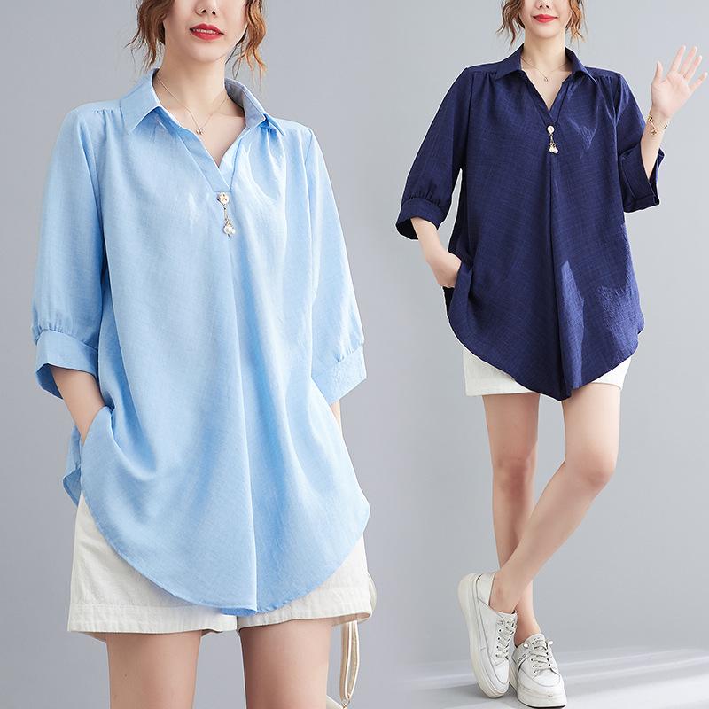 Women's Polo Collar Half Sleeve Loose Fit Blouse Casual Color Block Summer Top