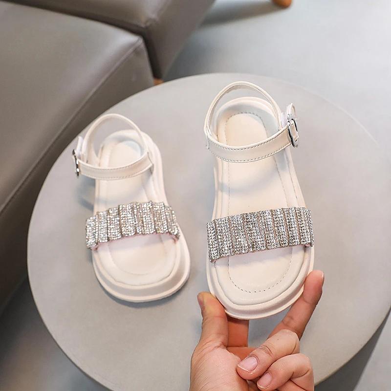 Kids Sandals for Girls Princess Summer Rhinestone Strap Beach Sandal Fashion Causal Children School Open-toe Sandals Thick Soled