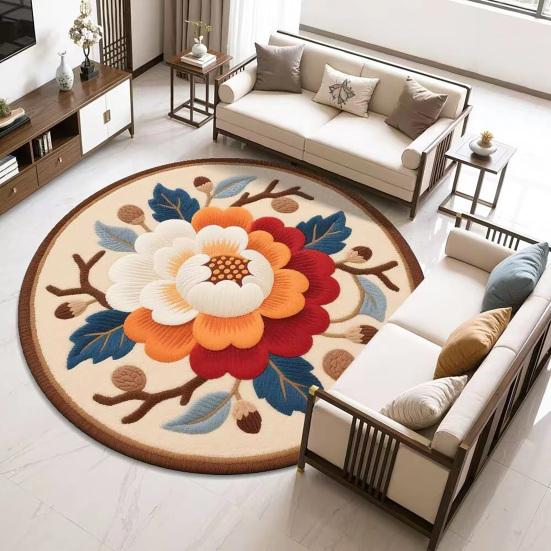 Lotus Flower Floor Mat Round Living Room Rug Lotus Pattern Carpet with Non-Slip Backing for Home Office Bedroom Kitchen