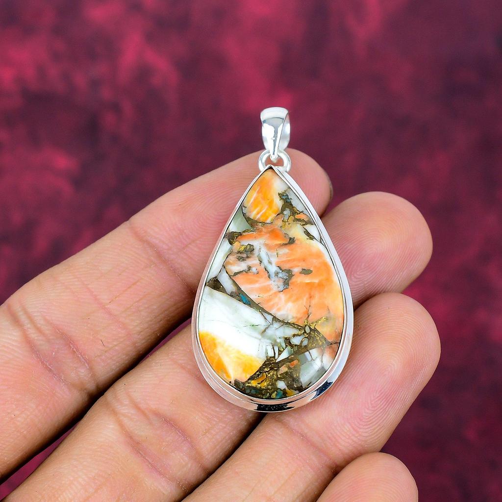 Pomarańczowy wisiorek z kolczastej ostrygi, Srebro próby 925, Biżuteria z kamieniami szlachetnymi, Ręcznie robiony wisiorek, Niesamowita biżuteria, Prezent dla niej
