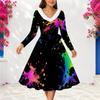 Women Plus Size V Neck Faux Fur Trim Long Sleeve Black Gold Abstract Print Belted A Line Midi Dress