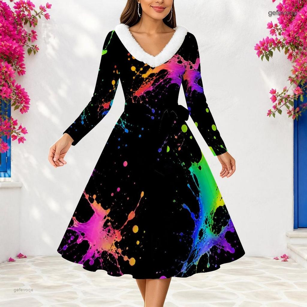 Women Plus Size V Neck Faux Fur Trim Long Sleeve Black Gold Abstract Print Belted A Line Midi Dress