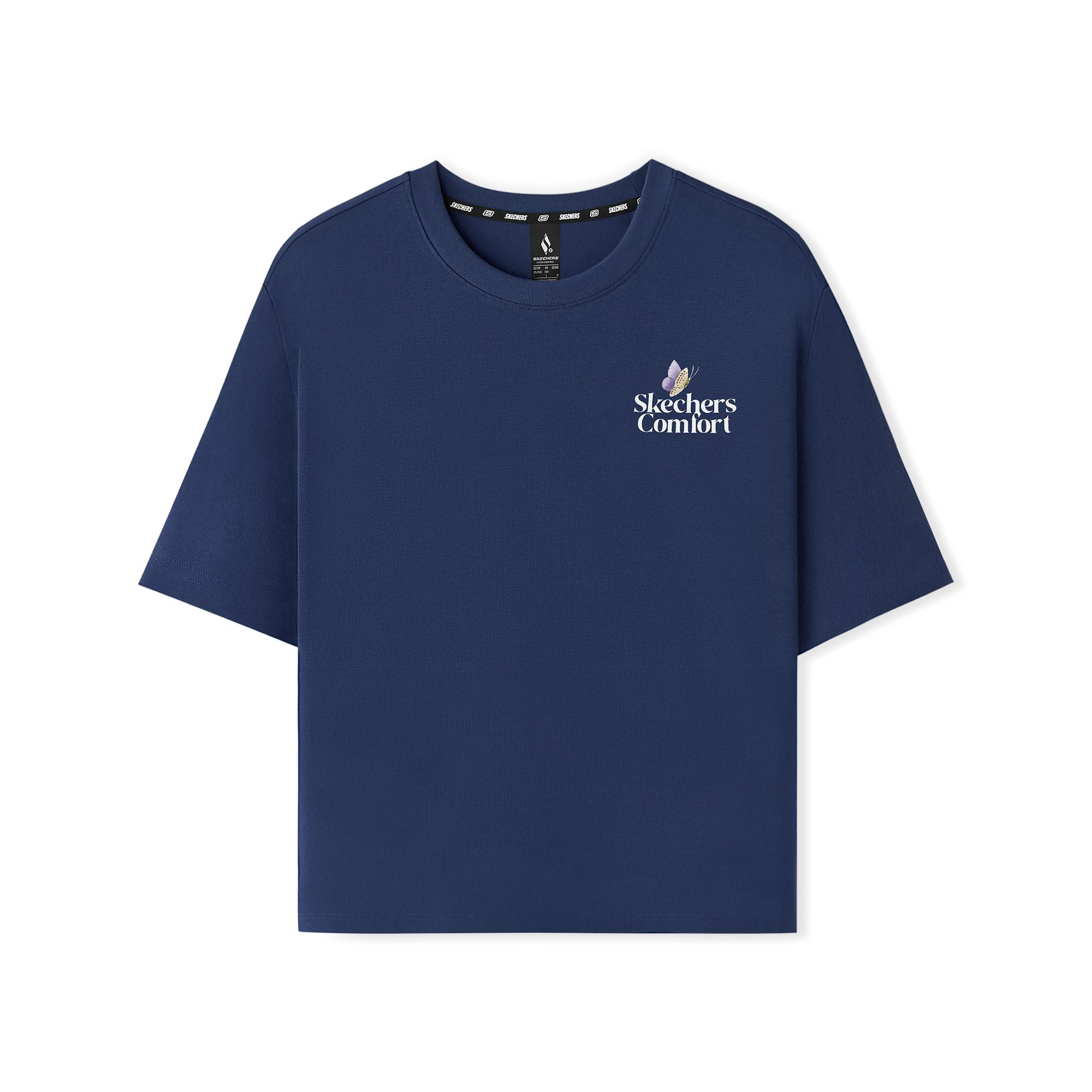 Skechers Nautical Style Fashion Simple Loose Comfortable Breathable Short Sleeve T-Shirt Women tops Navy-Blue L225W136-00DU L