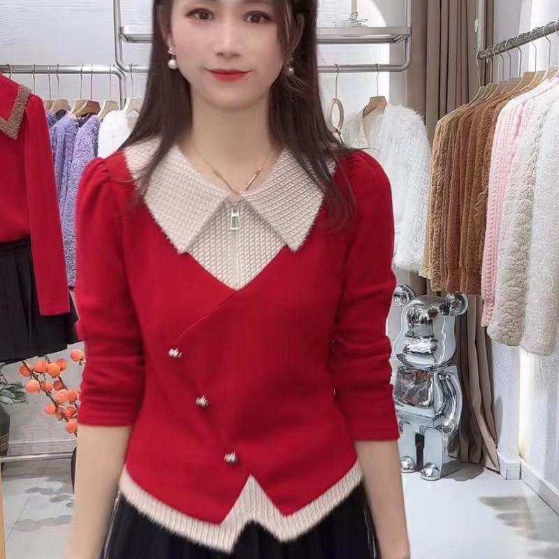 2026 Spring Korean Chic Irregular Color Block Lapel Slimming Two-Tone Top