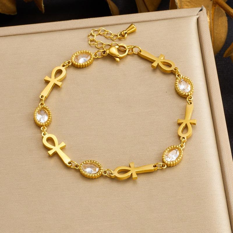 Gold Plated Stainless Steel Ankh Symbol Bracelet with Turquoise Stones for Women белый