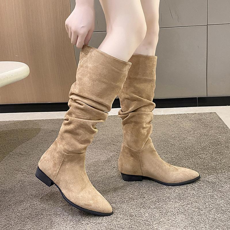 Fashion boots women's 2025 autumn and winter new suede retro thick heel high plush boots women's pleated pile long boots women