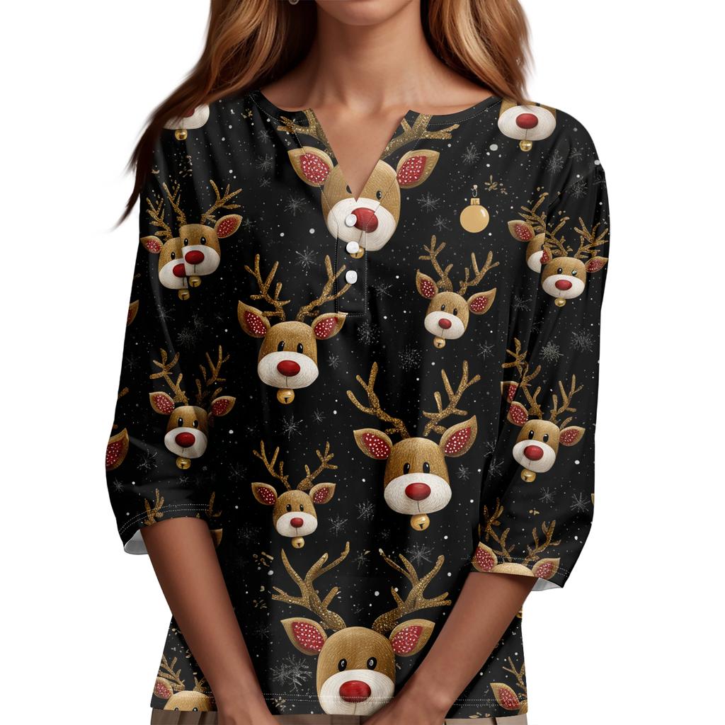 Damenmode Lässig Halloween Bedruckt V-Ausschnitt Kurzarm Zierknopf Dreiviertelarm T-Shirt Top