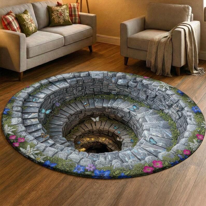 Visual Hole Round Carpet Spring Flower Bird Plant Anti Slip Door Mat Living Room Bedroom Kitchen Decoration Carpet