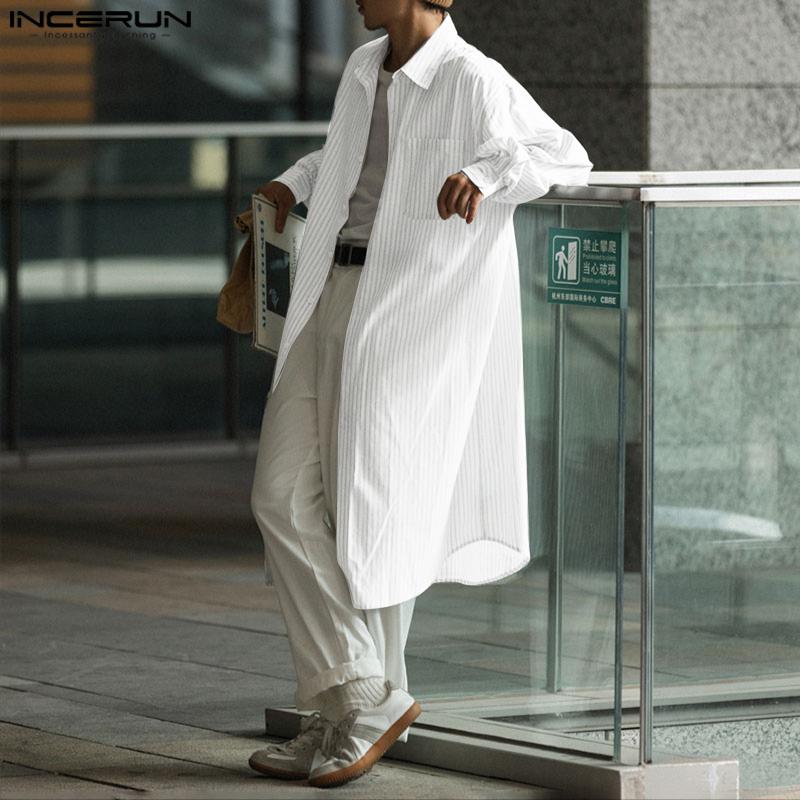 INCERUN Oversized Men Lapel Neck Long Sleeve Striped Loose Long Tunic Casual Shirts