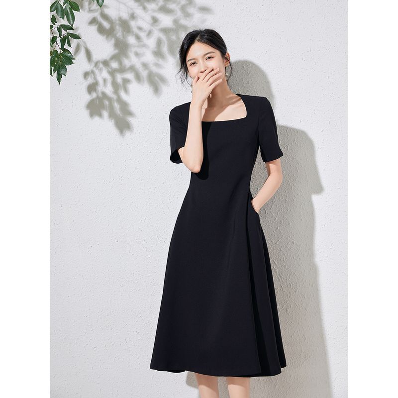 

Black Waist Slim Looking French Square Collar Dress Black M