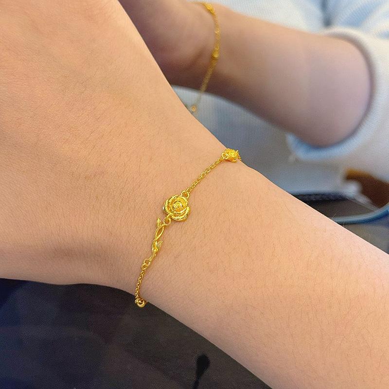 High-end and Simple Texture Bangles Exquisite Chain Small Rose Flower Charm Bracelet for Women Light Luxury Jewelry