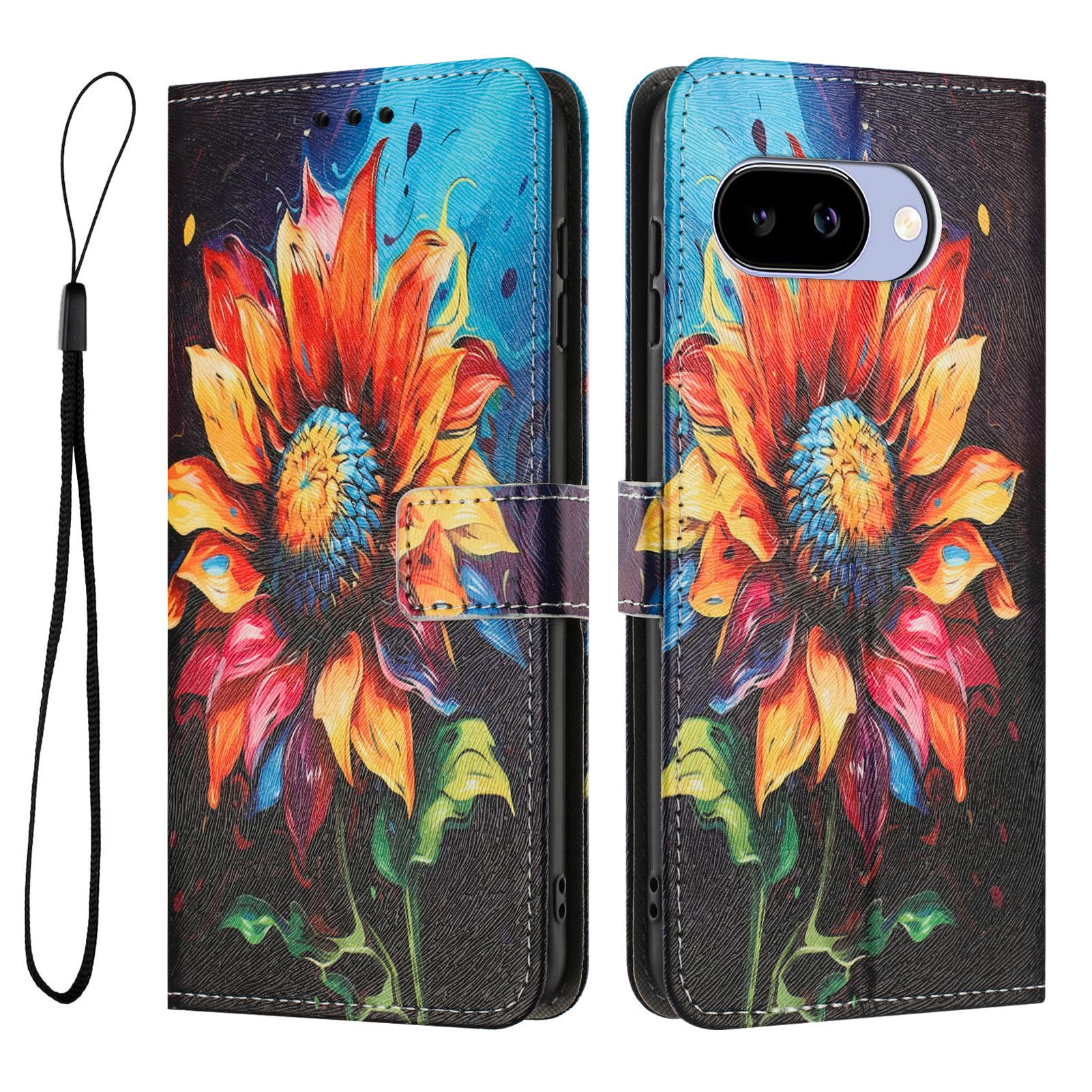 

YX-2501 For Google Pixel 9a Case Pattern Printing PU Leather Wallet Phone Cover with Lanyard Sunflower