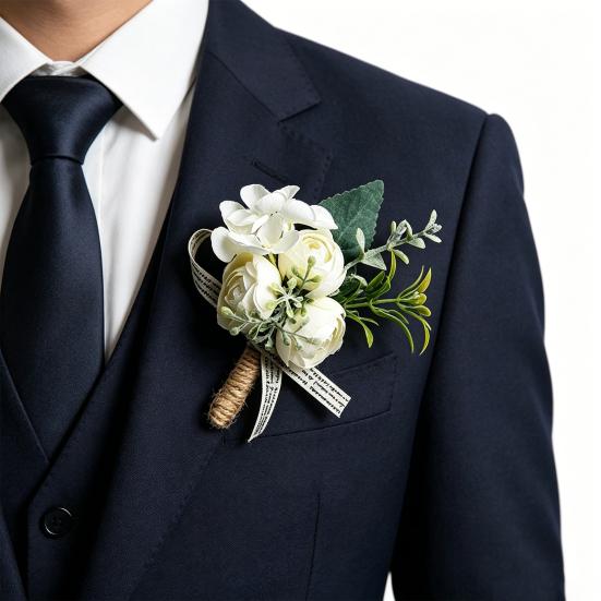 Hvid Bryllupsblomst Rustik Brudgom Knaphul til Brud Brudepige Brudgom Groomsman Vestlig Silkeblomst Fest