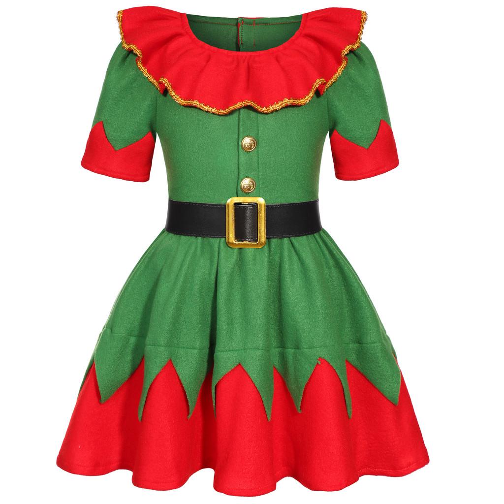 Kids Girls Santa Claus Xmas Green Elf Red Dress Hat Socks Sets Children Christmas New Year Cosplay Costumes Performance Role Play Outfit