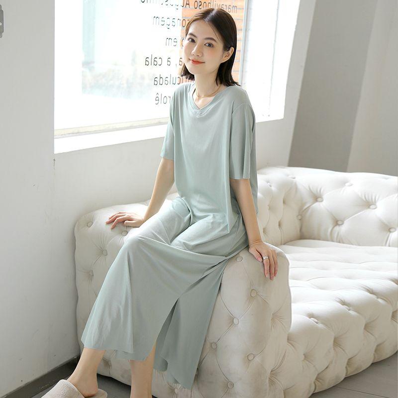 

Модальный шелк ледяной, стройнящее домашнее платье, женское летнее платье с круглым вырезом и короткими рукавами, ночная сорочка, свободная верхняя одежда, повседневное платье Mint Green XL (62.50 kg-75.00 kg recommended