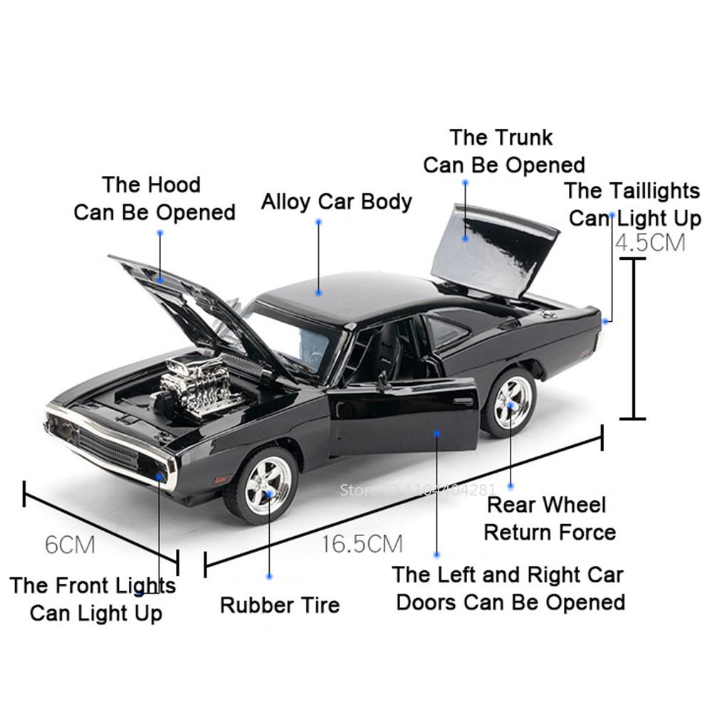 1:32 Camaro Charger 1970 Car Toys Diecast Alloy Model Rubber Tire Metal Body Sound Light Pull Back Doors Opened Vehices Kid Gift