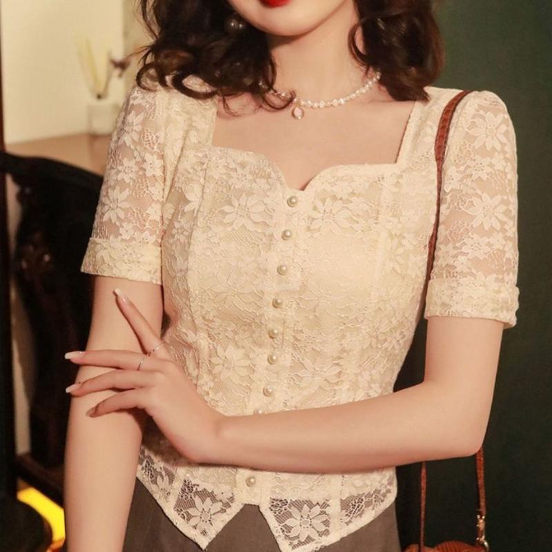 

WTEMPO брендовая летняя женская французская винтажная кружевная блузка с коротким рукавом и цветочной вышивкой, квадратный вырез, шикарная блузка с глубоким вырезом и ключицей M абрикосовый