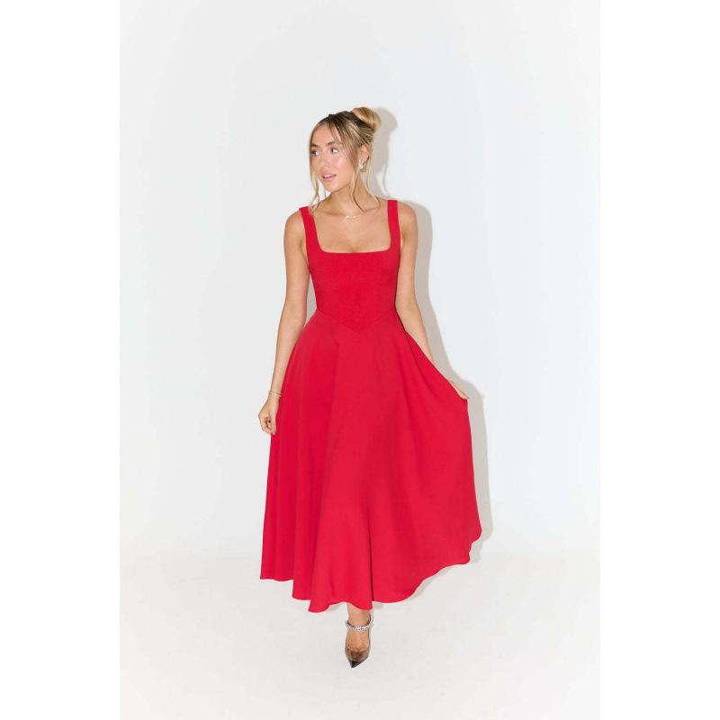 Women's Square Neck Sleeveless Midi Dress Spaghetti Strap High Waist A Line Flowy Long Summer Casual Dress With Pockets