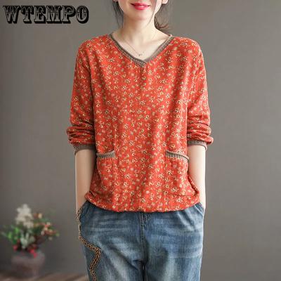 Literary Retro Cotton Spring and Autumn Floral V-neck Long-sleeved T-shirt Women's Loose Large Size Topirt